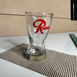 Rainier Beer Shot Glass Clear Red Script Logo Pilsner Style Barware Collectible